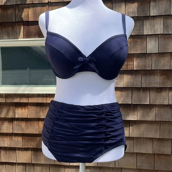 DKNY 2pc. Bikini Bathing Suit. Retro Style Hi Waist w/Padded Underwire Bra. Navy - Picture 2 of 12